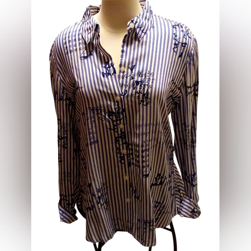 Chico’s - HI/Lo, Long Sleeve Blue & White Striped Button Down Shirt,
